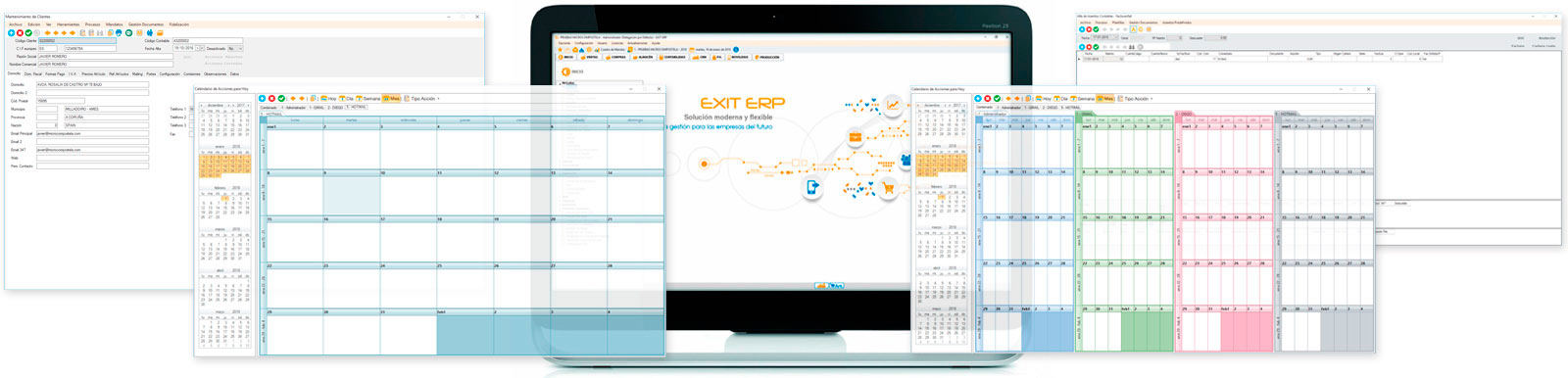 Composición oficial de Exit ERP con pantallas de clientes, planificación y gestión