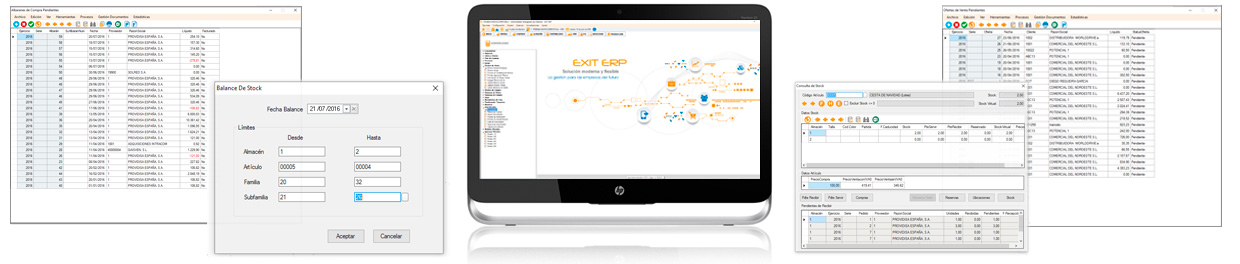 Pantallas oficiales de Exit ERP para pedidos, existencias y control de stock